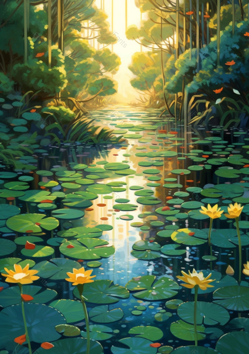 绿色树木的荷花塘在昏黄下插画,插画/手绘图,插画/手绘图库,插画/手绘图下载,插画/手绘